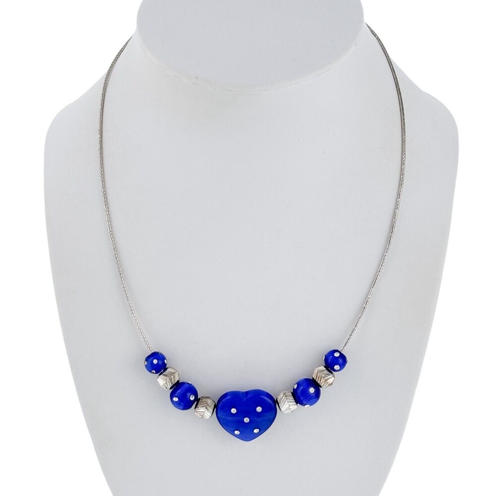 Vintage Italy Sterling Silver 925 Blue Glass Polka Dot Heart Necklace 18"